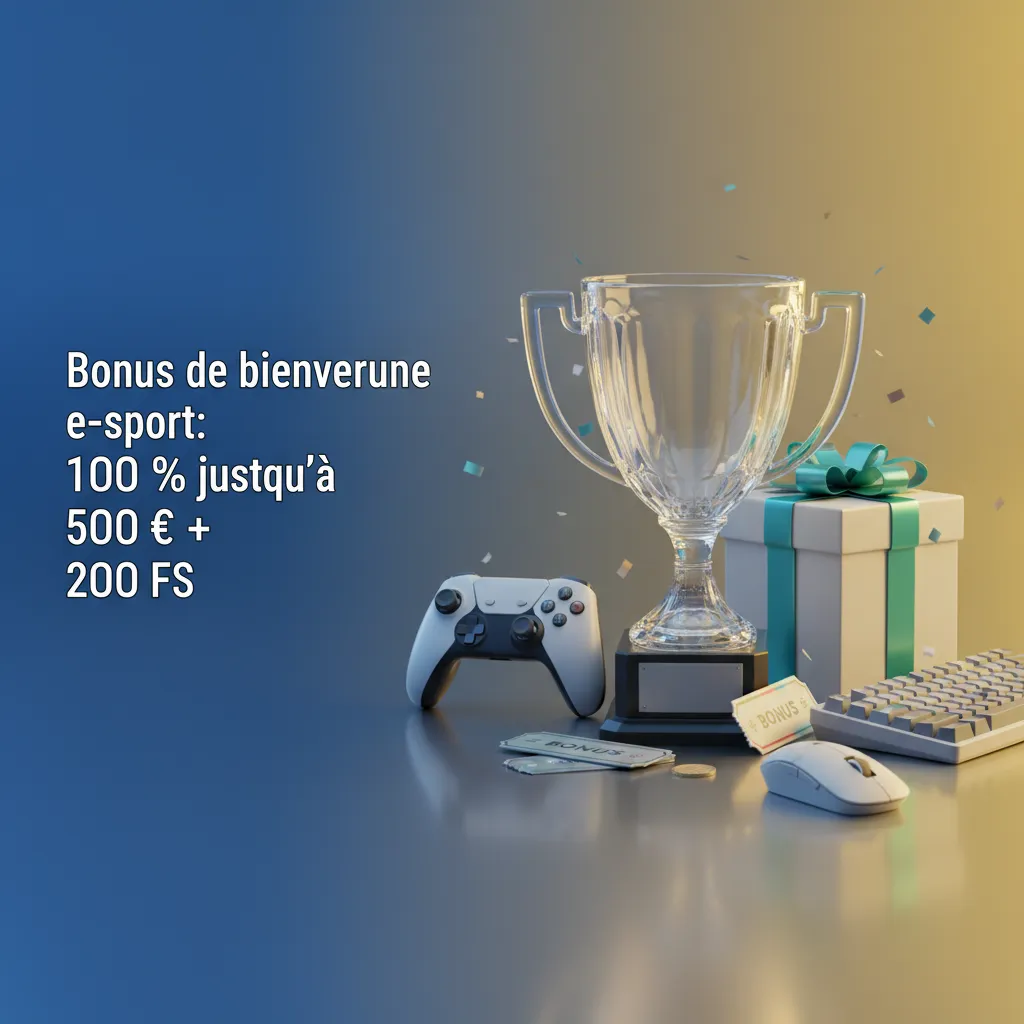Bannière bonus e-sport: 100 % jusqu’à 500 € + 200 Free Spins + 1 Bonus Crab, avec étapes d’inscription, dépôt et activation.