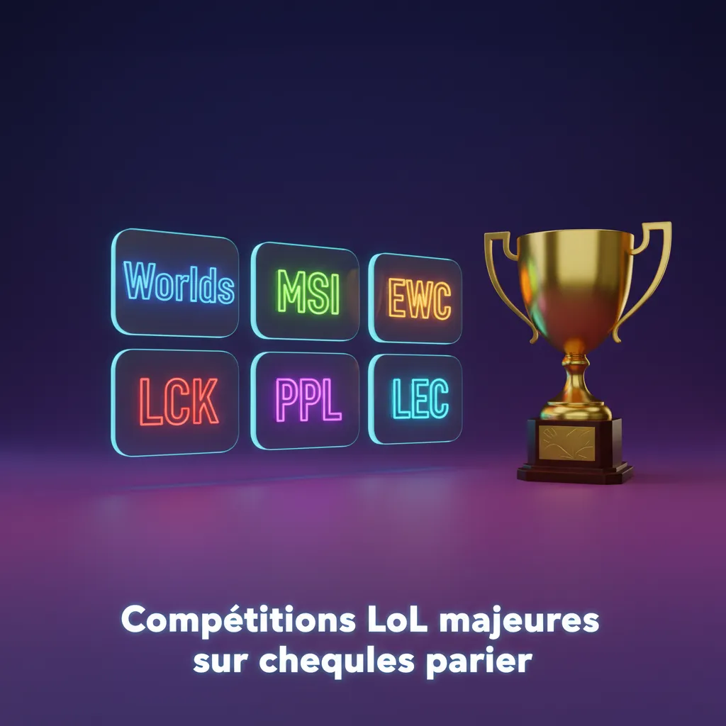 Infographie des compétitions LoL majeures: Worlds, MSI, EWC, LCK, LPL, LEC, LFL, calendrier et cotes de paris.