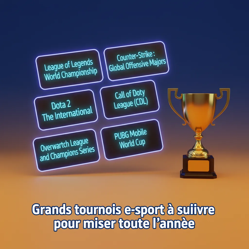 Tableau des tournois e-sport majeurs par jeu pour parier: CS2, Dota 2, LoL, Valorant, StarCraft II, R6, Rocket League.