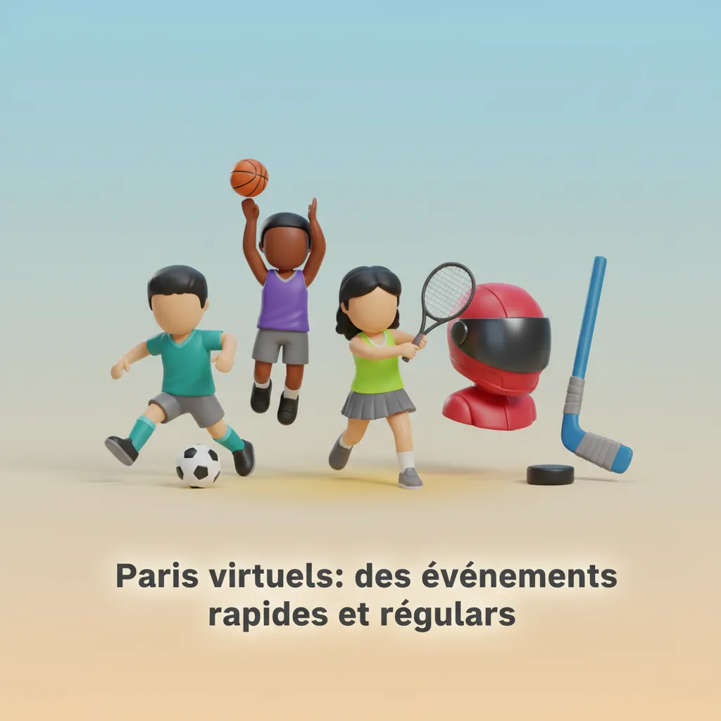 Illustration de paris virtuels: icônes football, courses, tennis, basket; compétitions en continu et événements rapides.