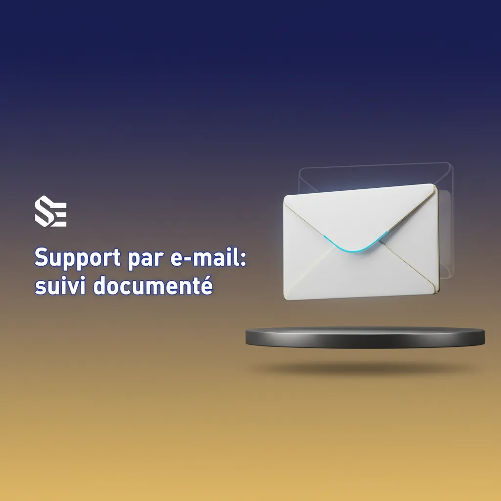 Illustration d’un e-mail de support avec icône pièce jointe et horloge, évoquant suivi documenté et délais de réponse.