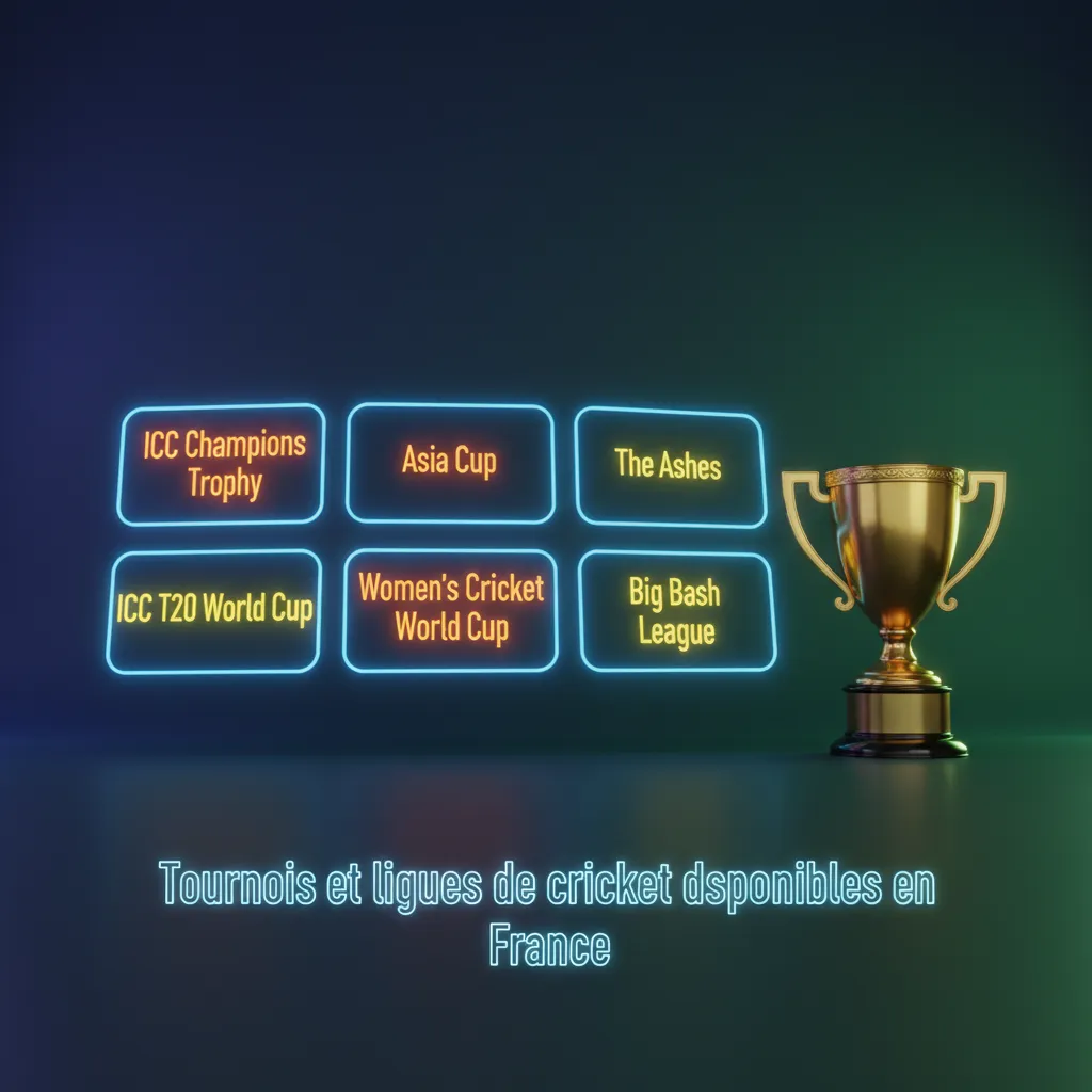Infographie des tournois de cricket en France: Coupe du monde ICC, T20, The Ashes, IPL; marchés de paris et suivi live.