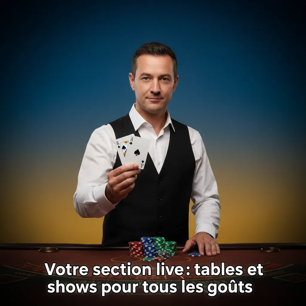 Bannière casino en direct avec croupiers, roulette, blackjack, baccarat, roue de game show, poker et dés, 24h/24.