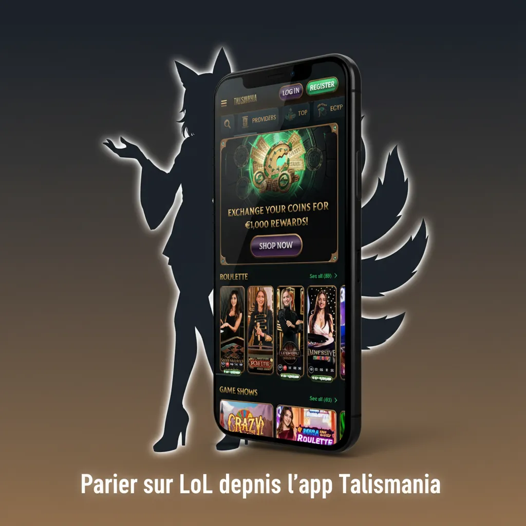 Smartphone affichant l’app Talismania pour parier sur LoL, cotes en temps réel, alertes de match et coupon rapide.