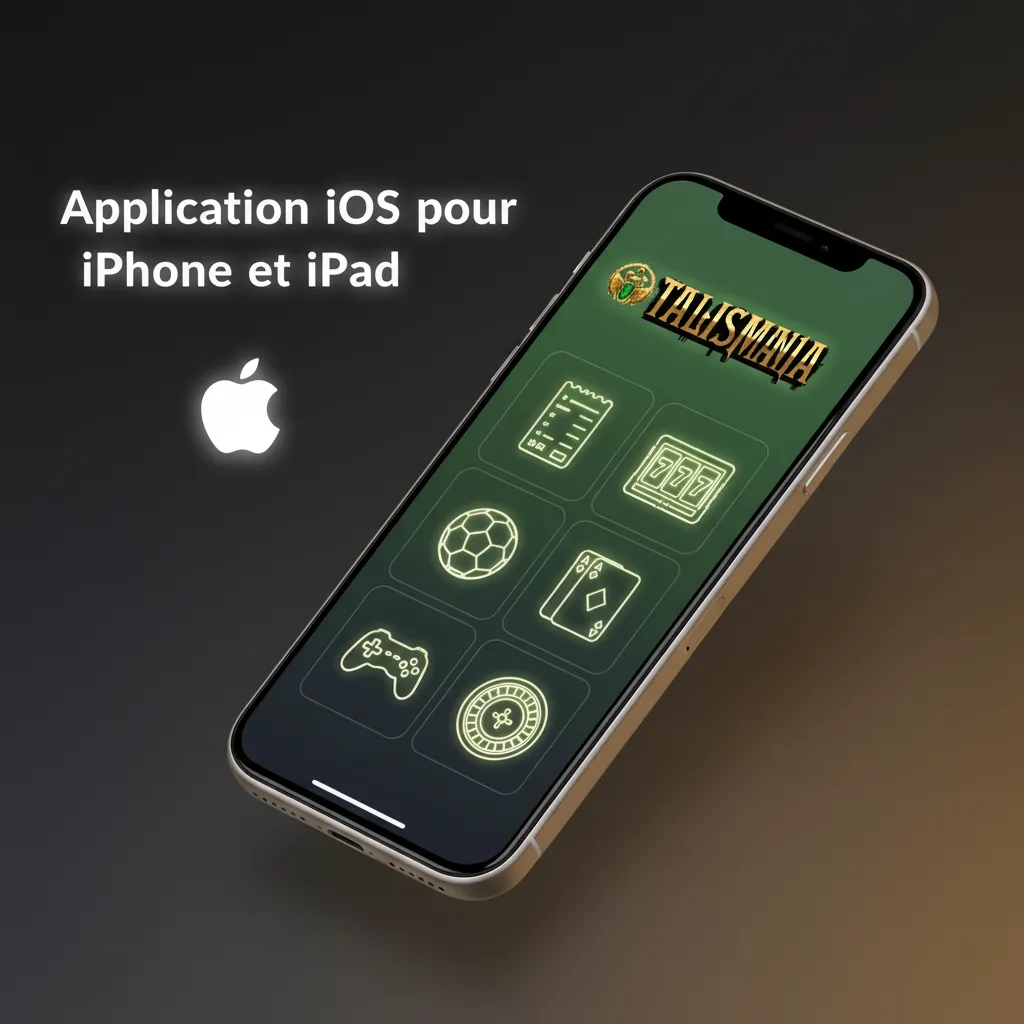 App iOS Talismania sur iPhone et iPad, iOS 12+ (~100 Mo). Accès aux paris, casino et dépôts/retraits rapides.