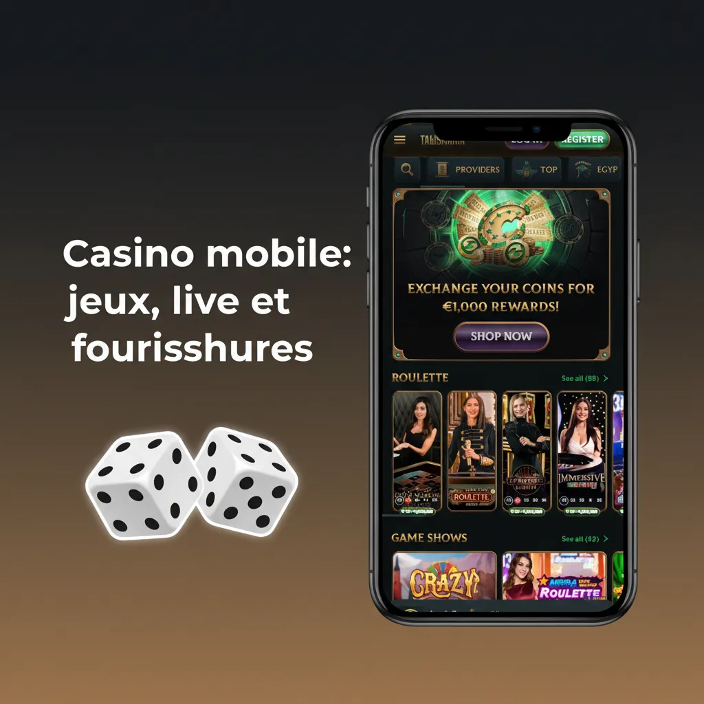 Interface mobile de casino: bascule sports/jeux, slots et live Evolution, logos Pragmatic Play, Play’n GO, NetEnt.