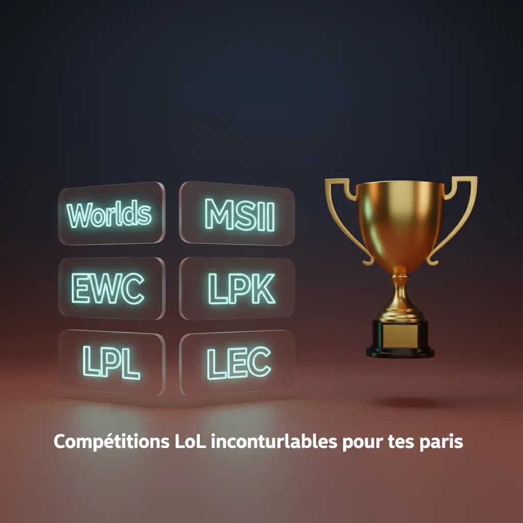 Bannière des compétitions LoL pour parier: Worlds, MSI, EWC, LCK, LPL, LEC; T1, Gen.G, G2, Fnatic