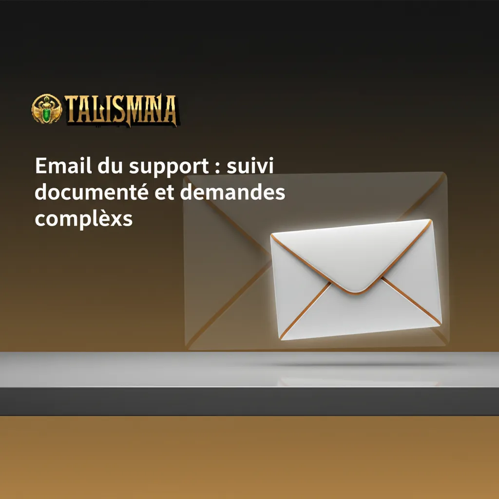 Visuel d'information sur le support email Talismania: adresses utiles, cas d'usage, 24/7, réponse 2-12 h, conseils.