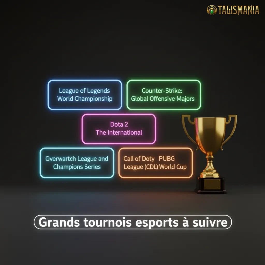Tableau des tournois majeurs esports par jeu: Dota 2, CS2, LoL, Valorant, SC2, R6, Mobile Legends.