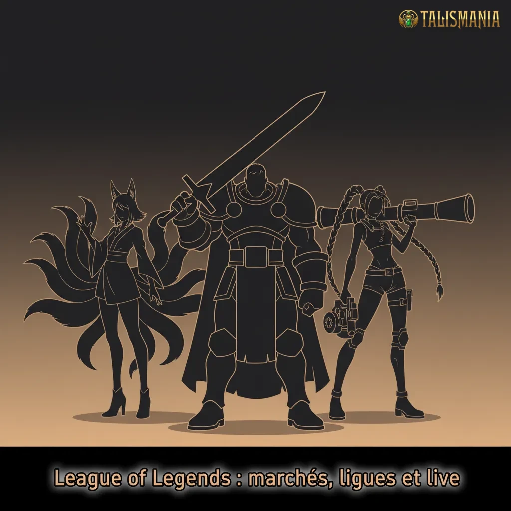 Infographie LoL esports: marchés live (vainqueur, First Blood, objectifs), ligues Worlds, MSI, LEC, LFL, LCK