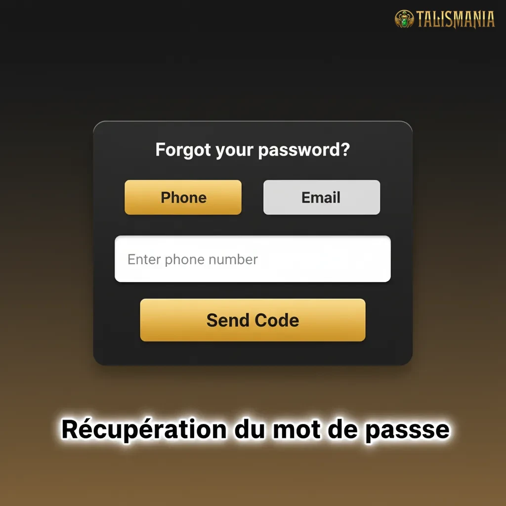 Écran de récupération du mot de passe avec étapes: lien e‑mail ou code SMS, création d’un nouveau mot de passe, 2FA.