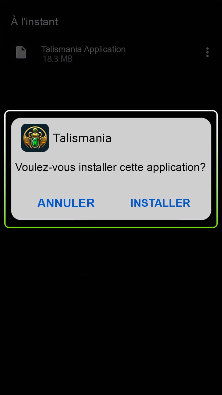 Finalisez l'installation de votre application Talismania sur Android.