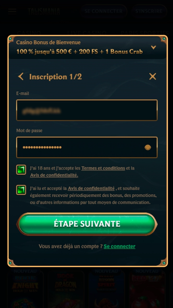 Remplissez vos données utilisateur sur l'app Talismania.