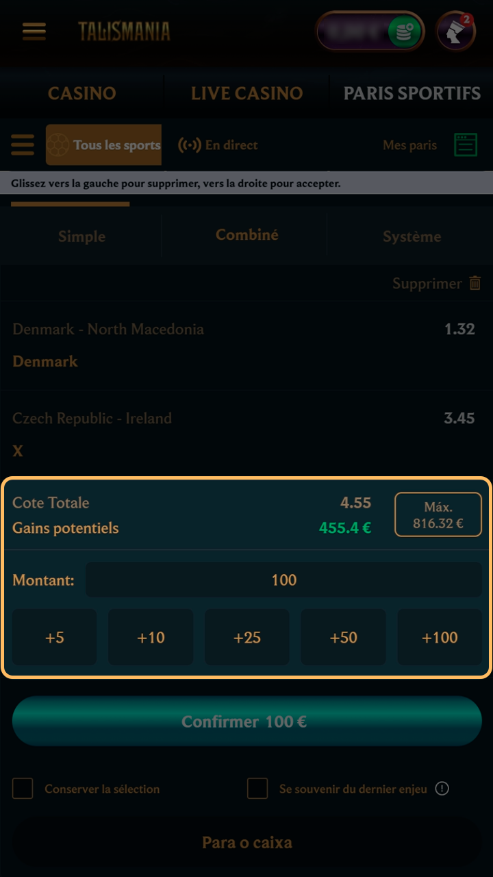 Remplissage du coupon de pari sur l'app Talismania.