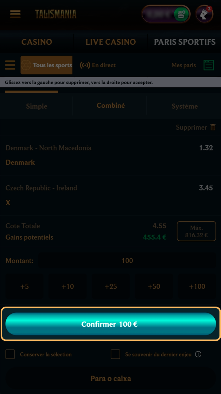 Confirmation finale de votre mise sur l'application Talismania.