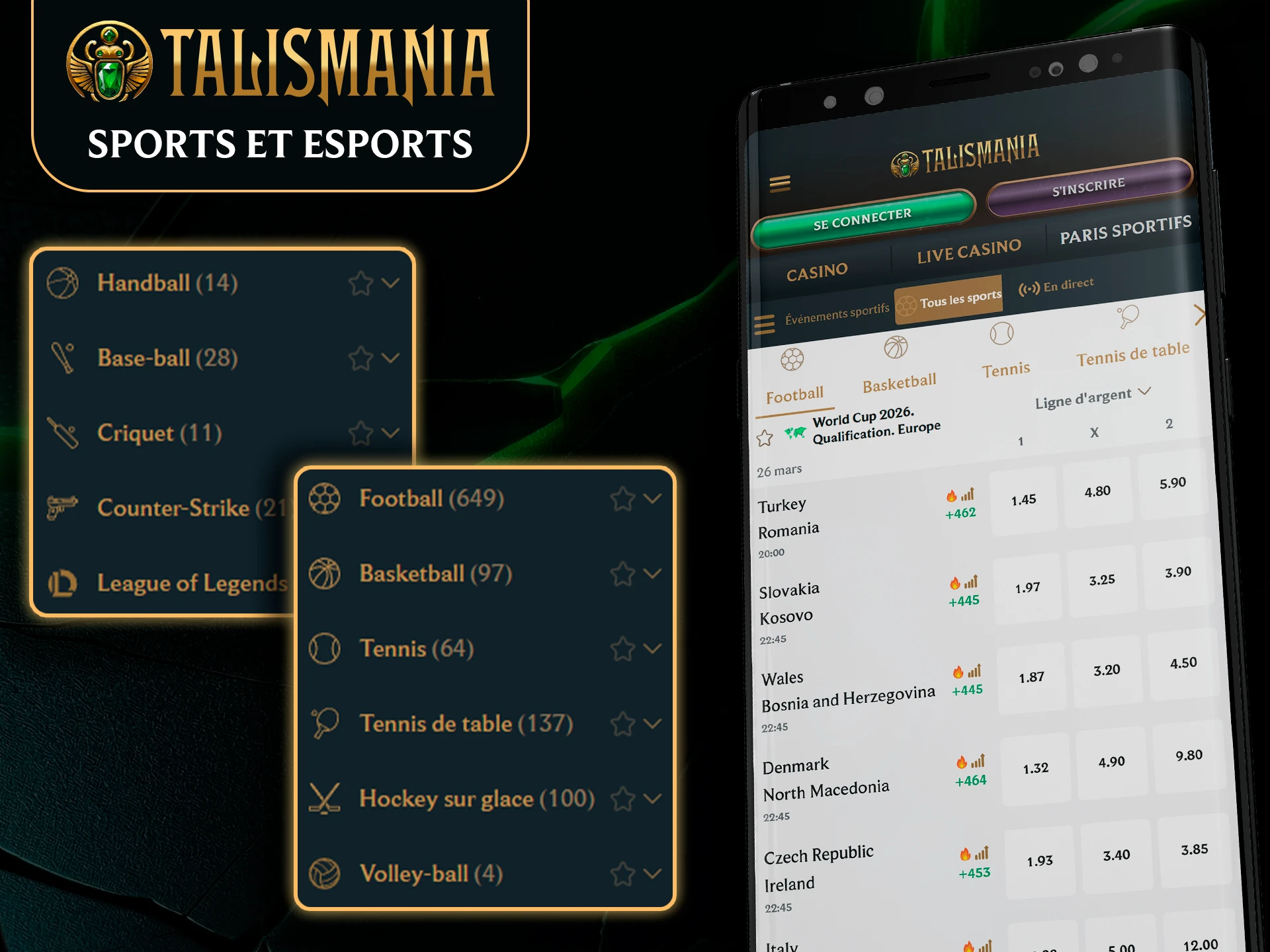 Catalogue sport et eSport accessible via l'app Talismania.