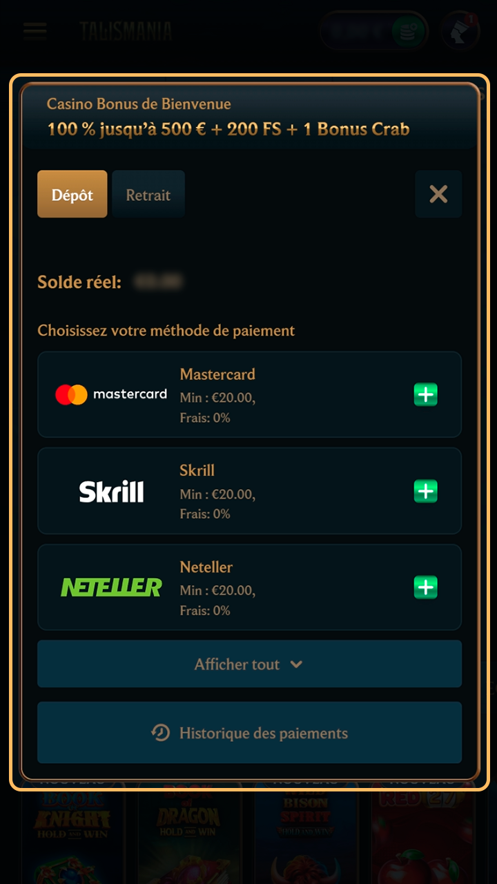 Rechargez votre solde pour miser sur Aviator chez Talismania.