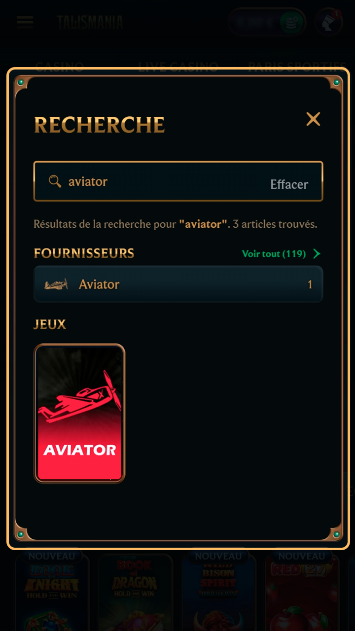 Recherchez et trouvez facilement le jeu Aviator sur Talismania.