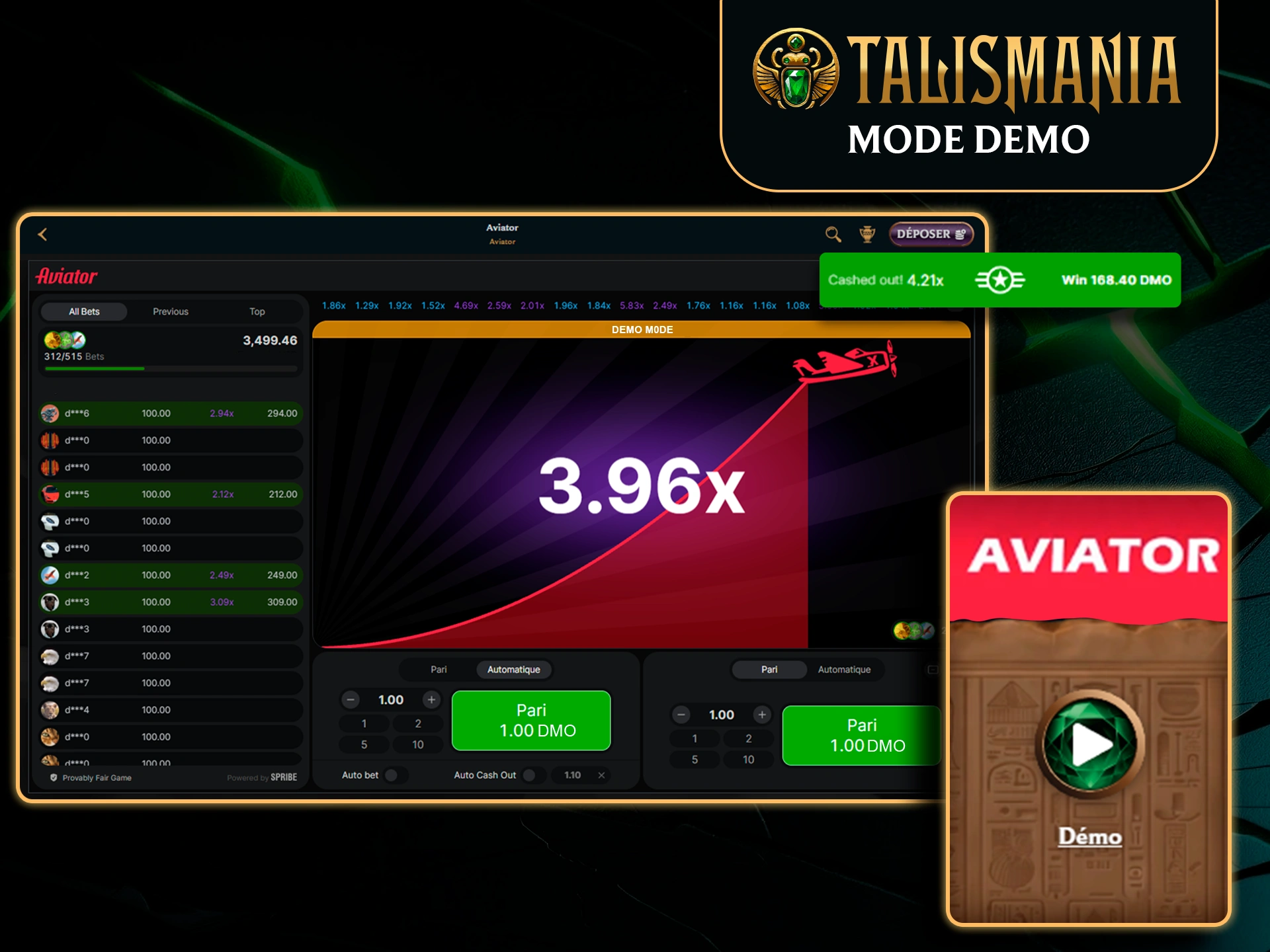 Interface d’Aviator en mode démo sur Talismania, multiplicateur en hausse, cashout et auto-mise avec argent virtuel.