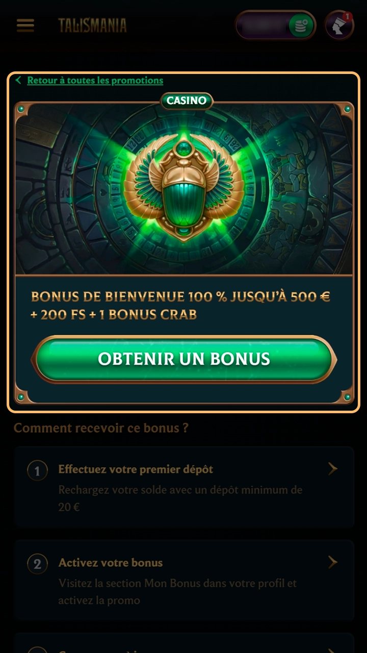 Procédure d'activation des bonus sur le compte Talismania.