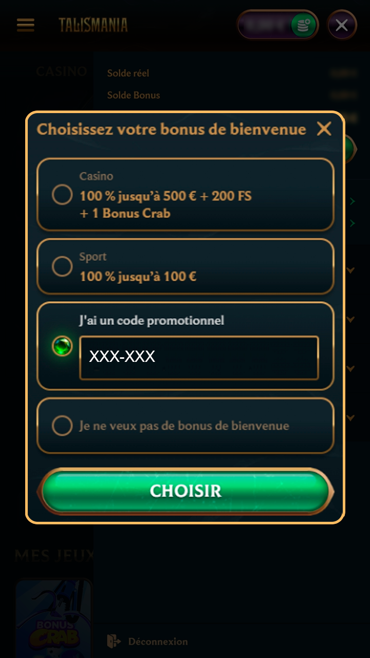 Saisissez votre code promo dans votre espace Talismania.