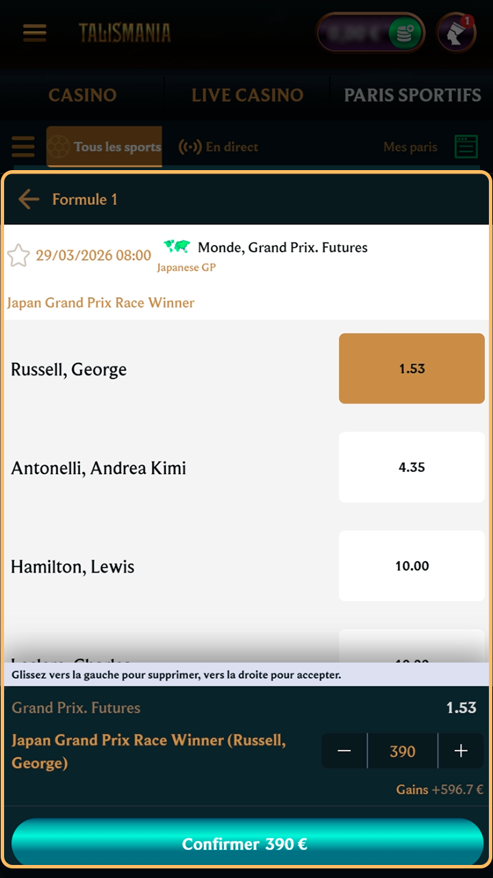 Accès direct aux cotes F1 depuis l'application Talismania.