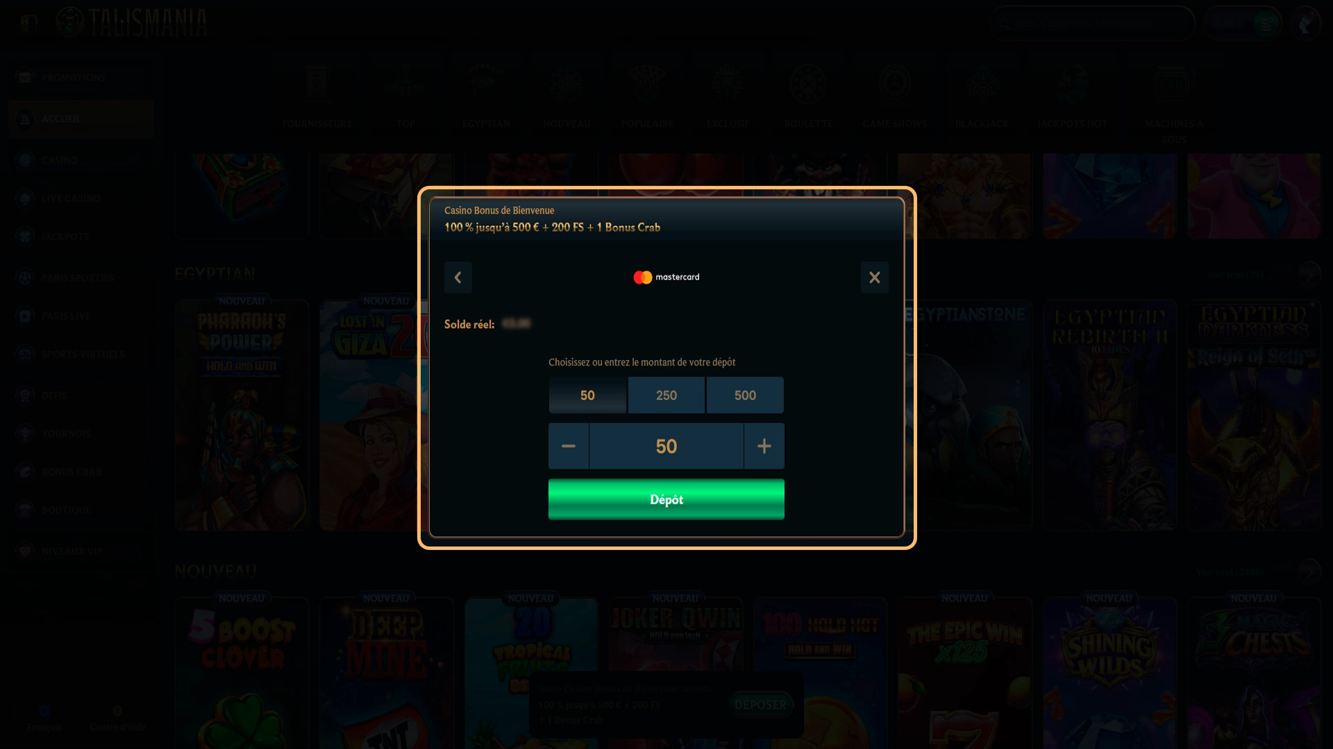 Rechargez votre solde joueur pour jouer sur Talismania.