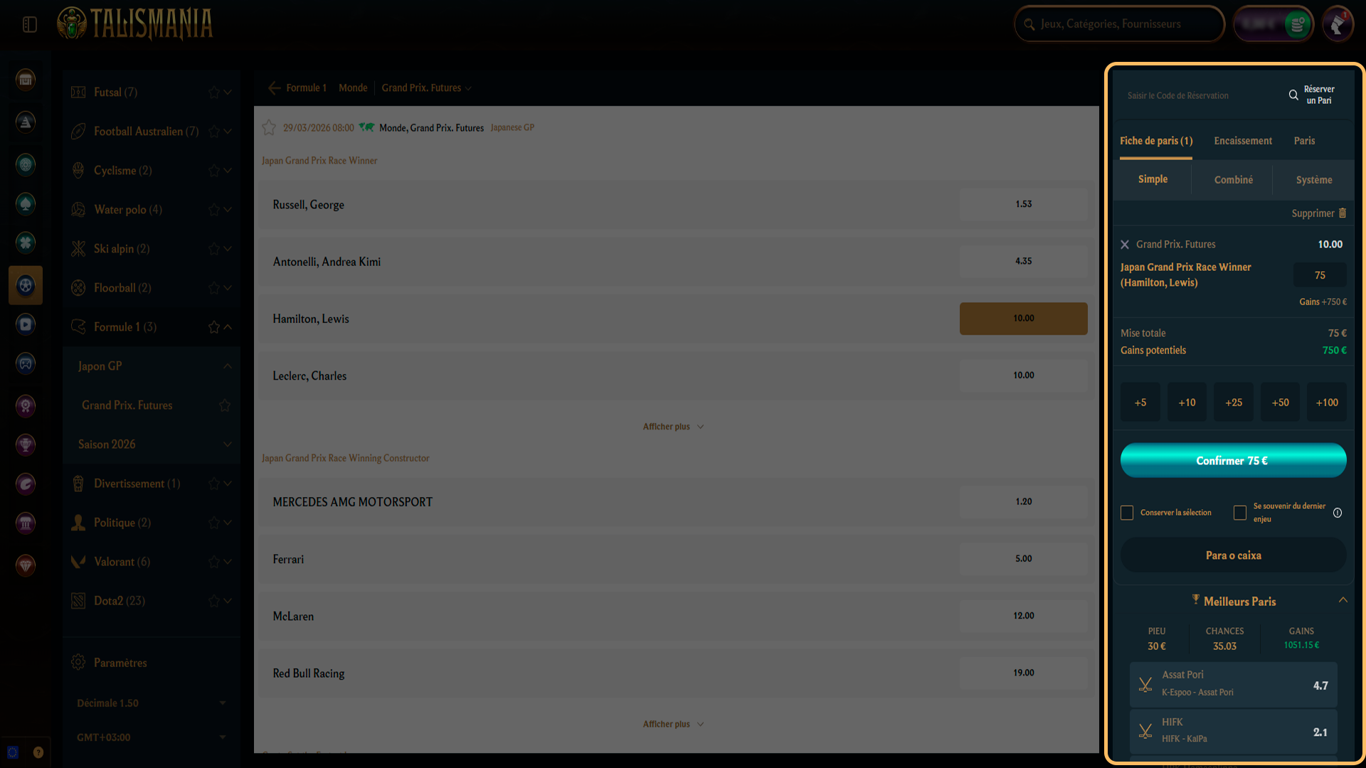 Validez votre premier pari Formule 1 sur Talismania.