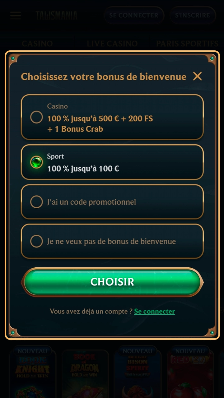 Sélection du tunnel d'inscription via l'application Talismania.