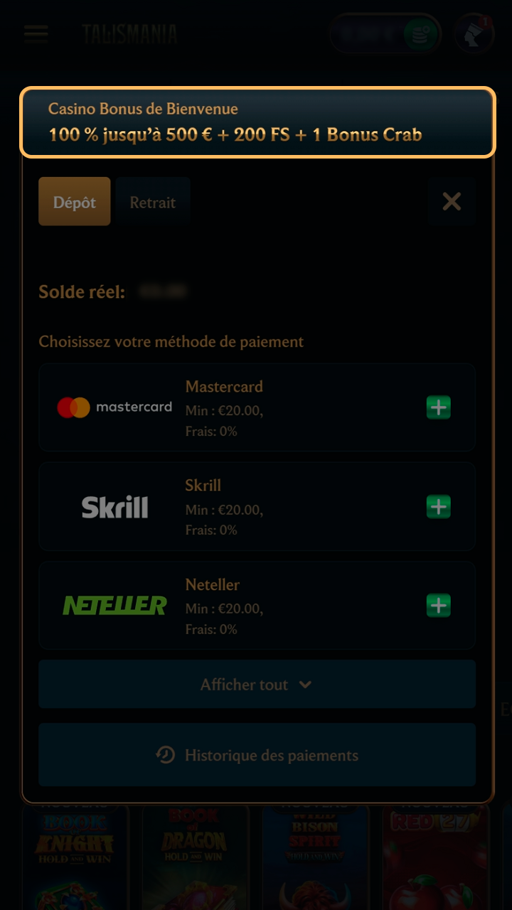 Sélection de votre promotion de bienvenue sur Talismania.