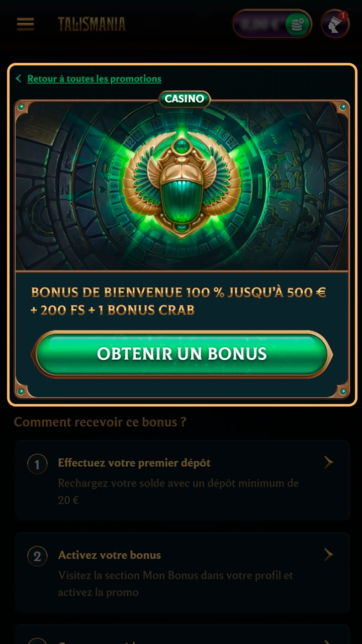 Validez l'activation de votre bonus de bienvenue sur Talismania.