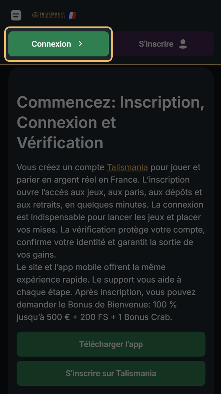 Page d'authentification pour les joueurs inscrits sur Talismania.