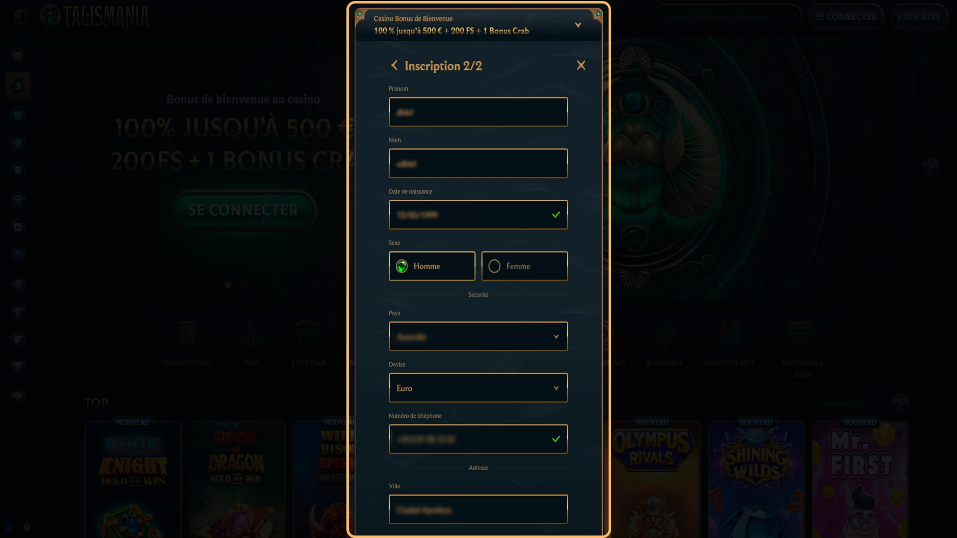 Saisie des informations personnelles sécurisées sur Talismania.