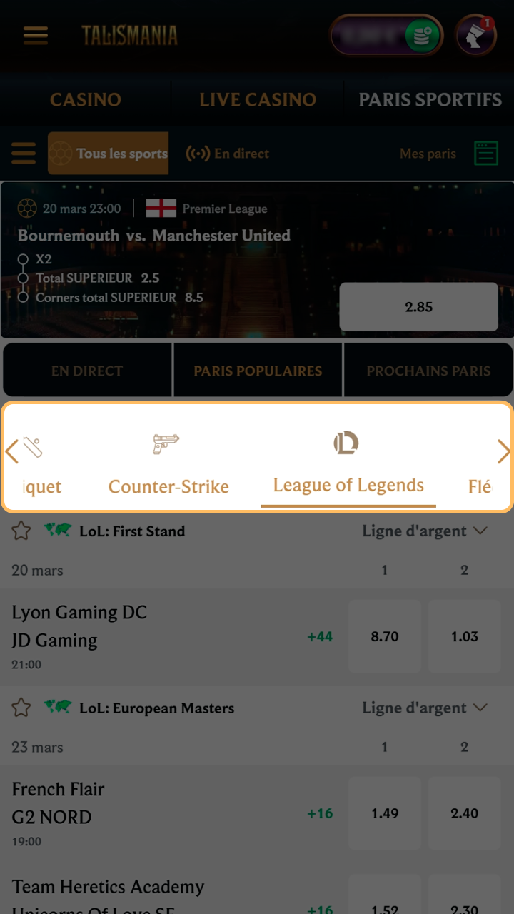 Sélectionnez League of Legends dans le catalogue eSport Talismania.