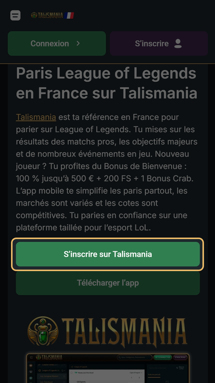Inscription rapide pour parier sur l'eSport avec Talismania.